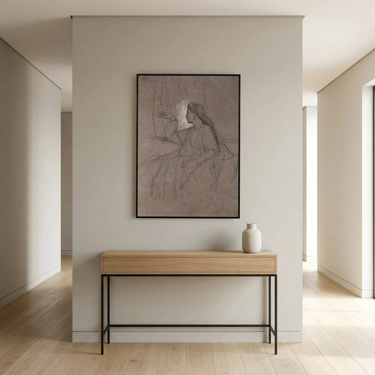 Vintage Woman Figure Sketch Canvas Wall Art | Neutral Figurative Drawing