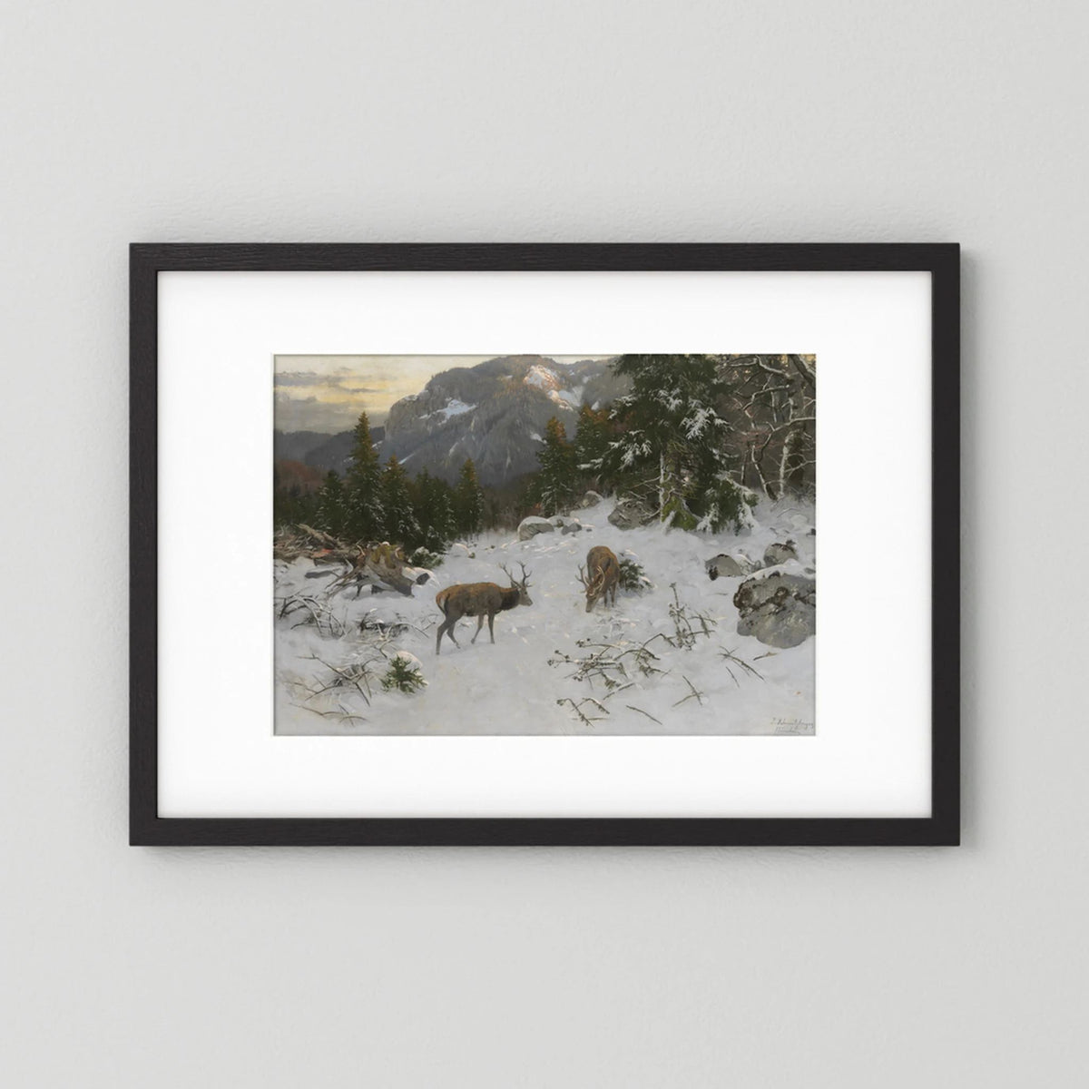 Vintage Deer in Snowy Mountains Art Print