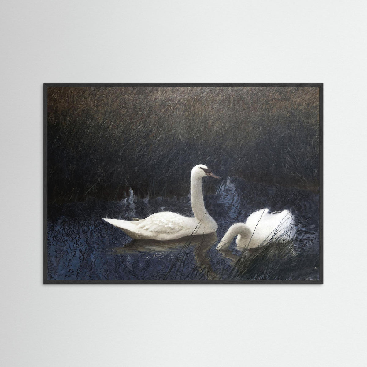 Vintage Swan Lake Art Print | Soft Neutral Wall Decor Black Wood No border