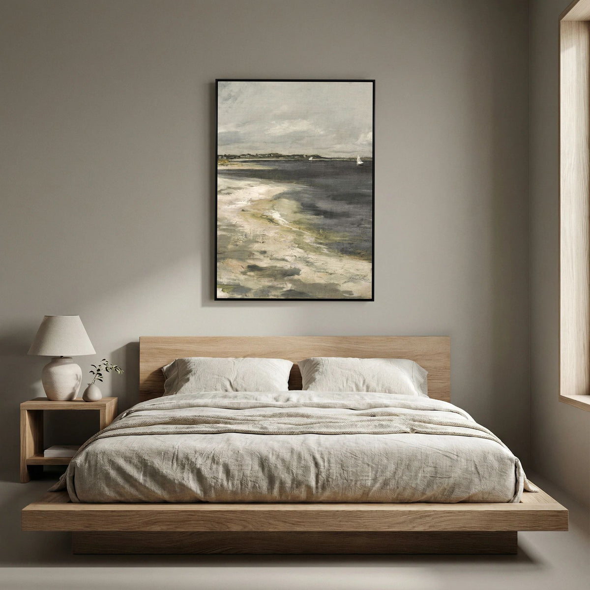 Moody Coastal Landscape Canvas Wall Art | Vintage Seaside &amp; Sailboat Painting