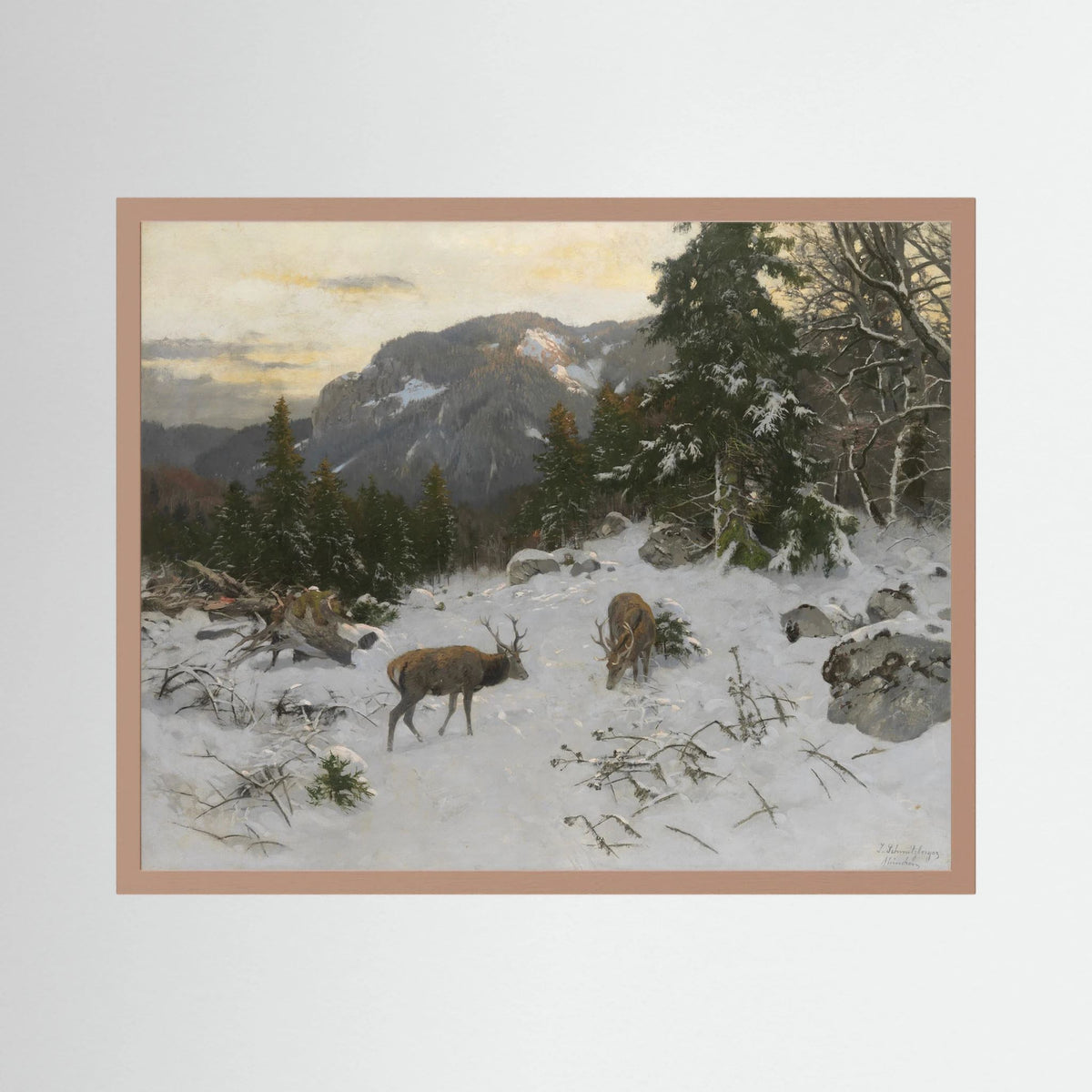 Vintage Deer in Snowy Mountains Art Print