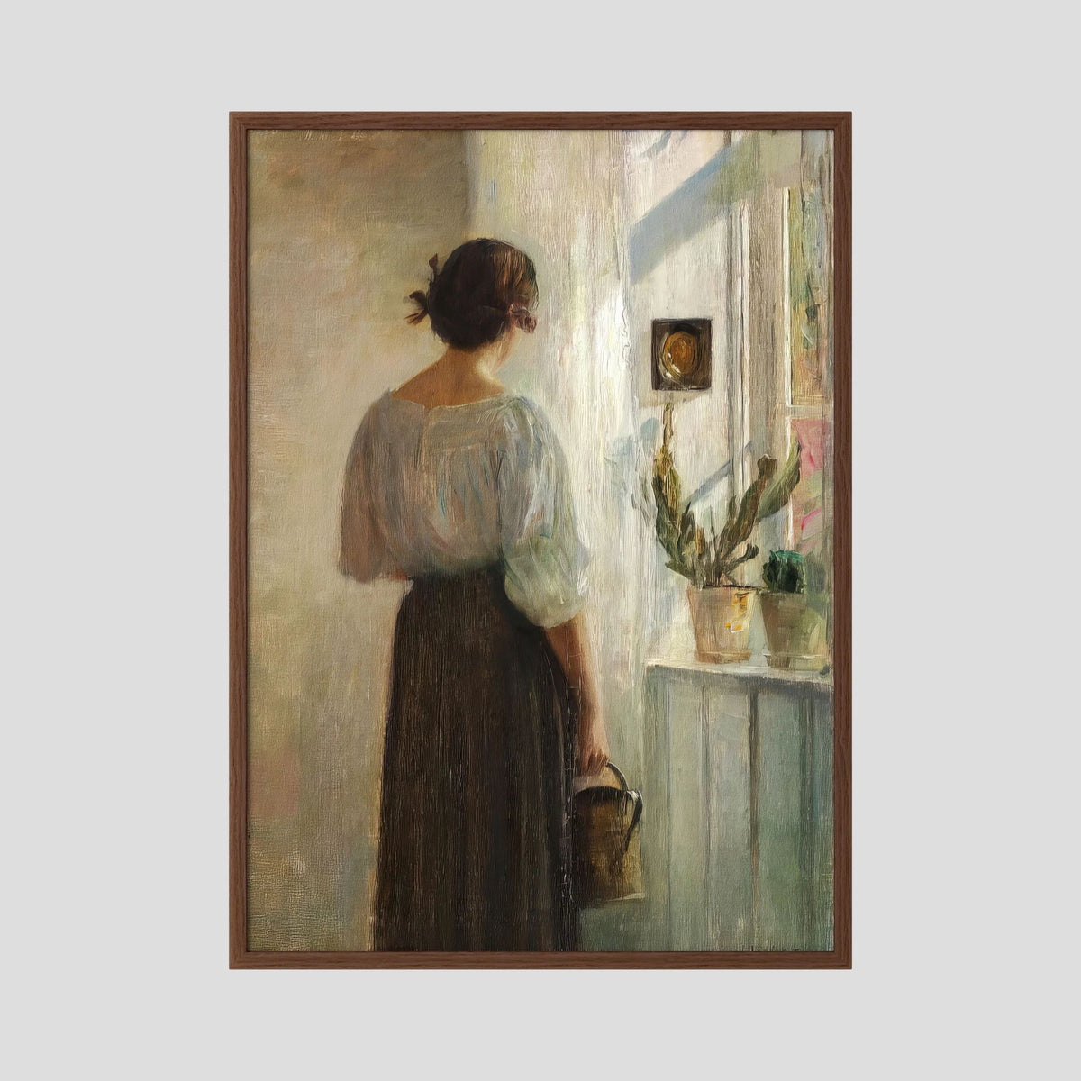 Woman at the Window Vintage Wall Art Print Oak Dark No border