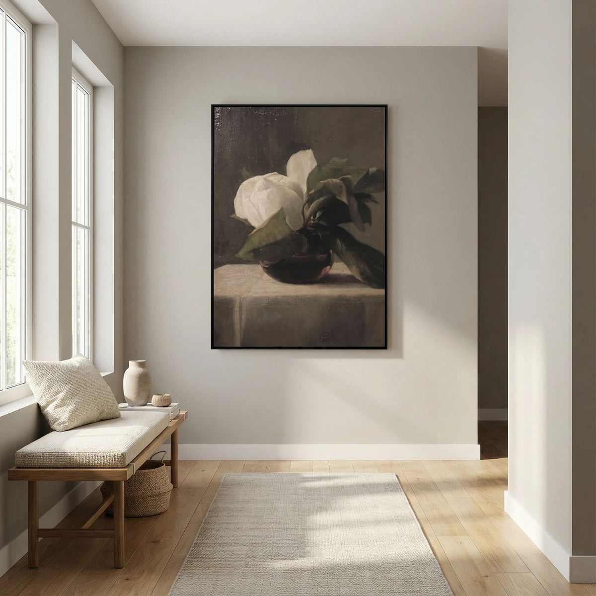 Vintage White Floral Canvas Wall Art | Moody Botanical Still Life Painting