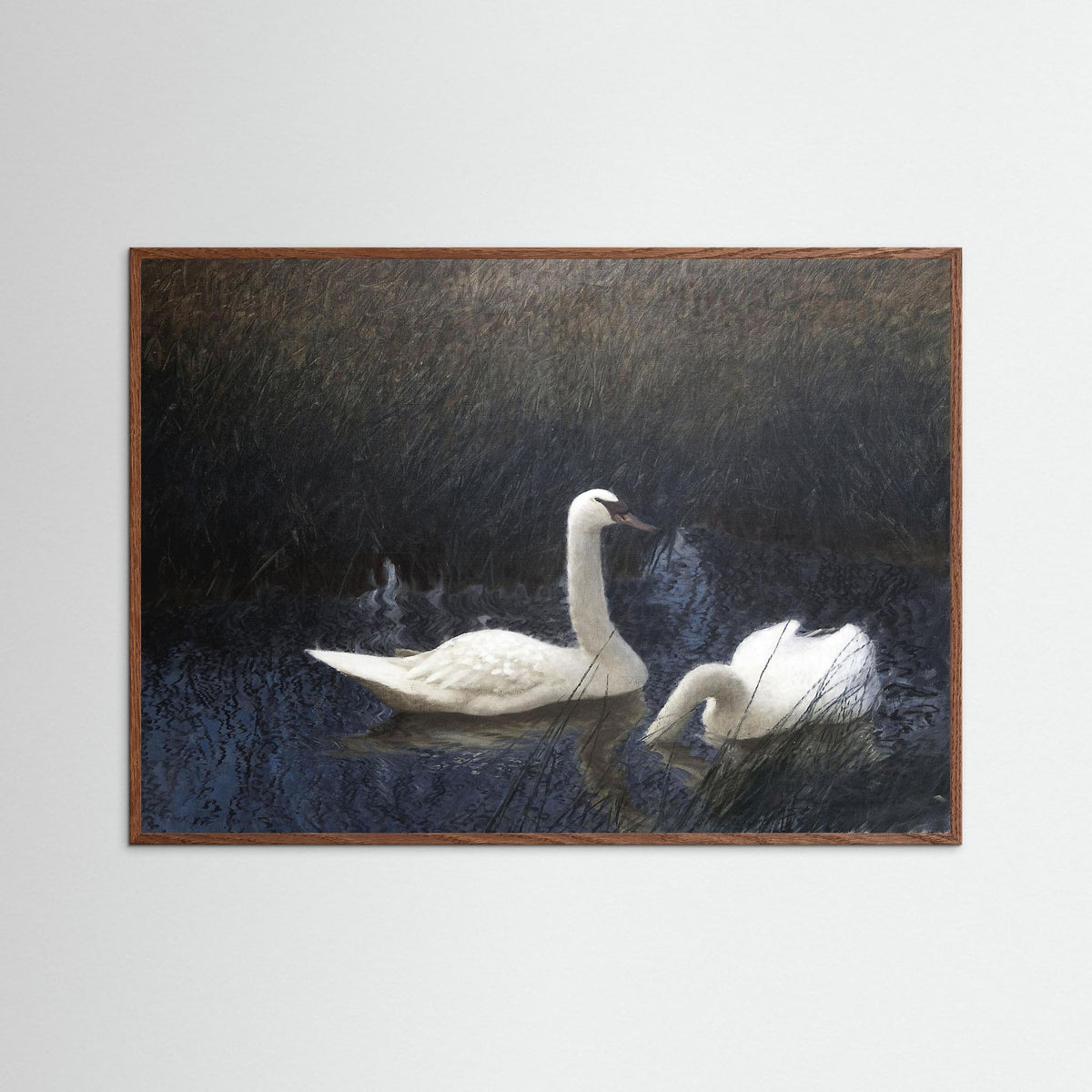 Vintage Swan Lake Art Print | Soft Neutral Wall Decor Oak Dark No border