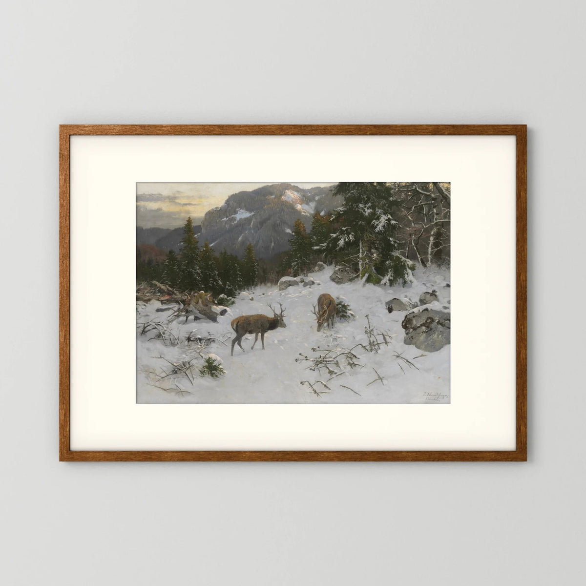 Vintage Deer in Snowy Mountains Art Print