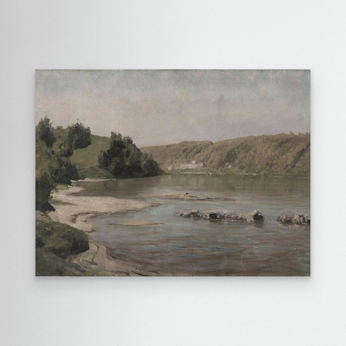 River Landscape Canvas Wall Art | Warm Neutral Nature Print for Living Room