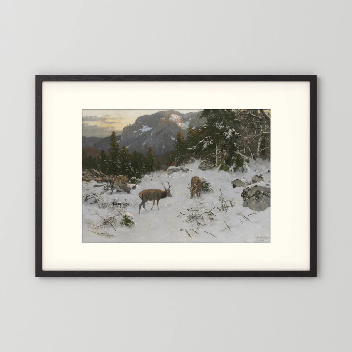 Vintage Deer in Snowy Mountains Art Print
