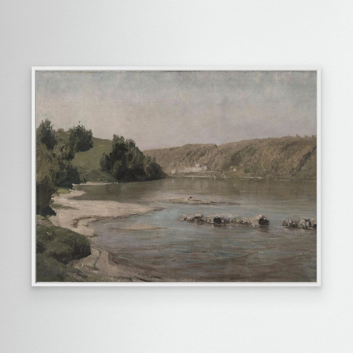 River Landscape Canvas Wall Art | Warm Neutral Nature Print for Living Room