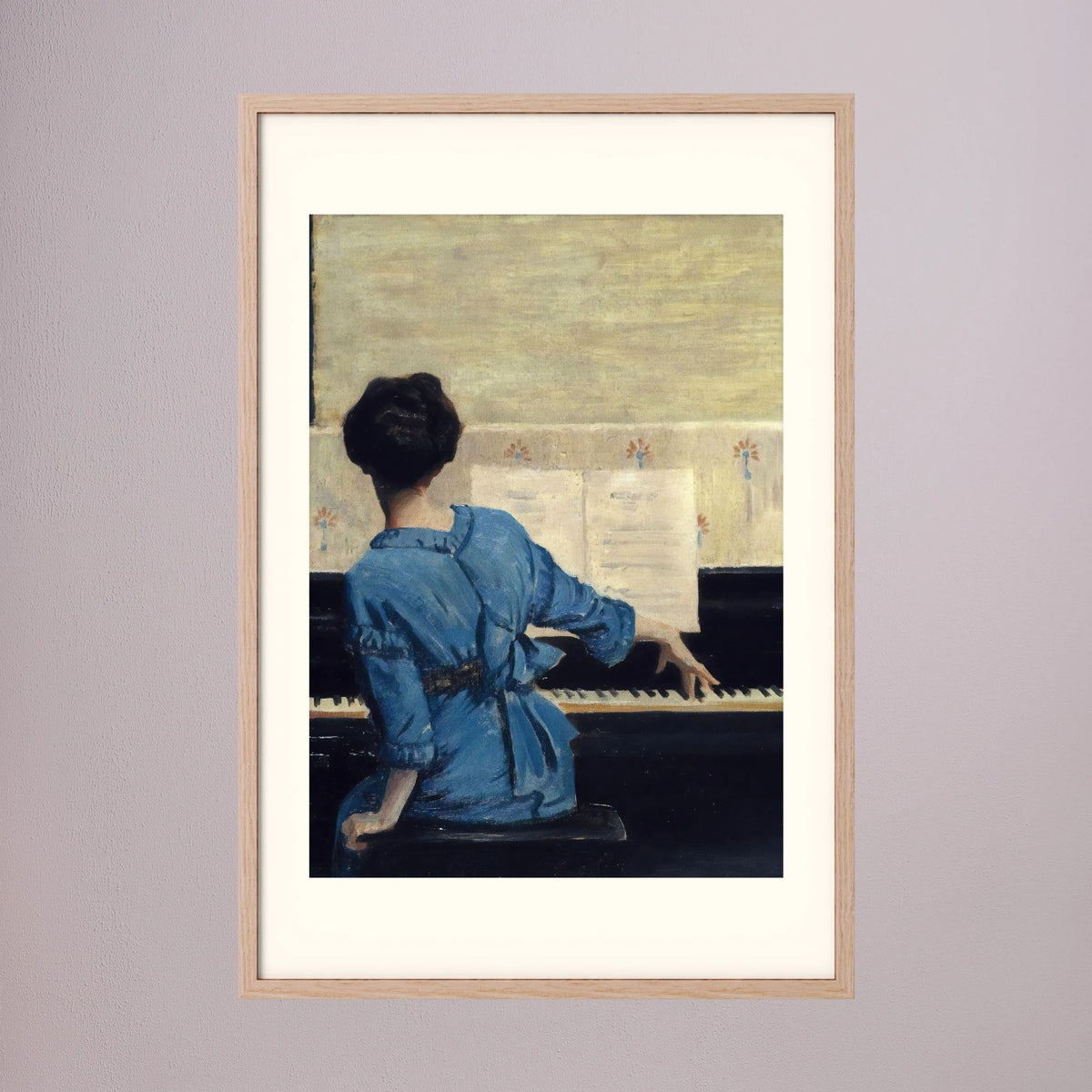Woman in Blue at the Piano Vintage Wall Art Print Oak Nature Freja
