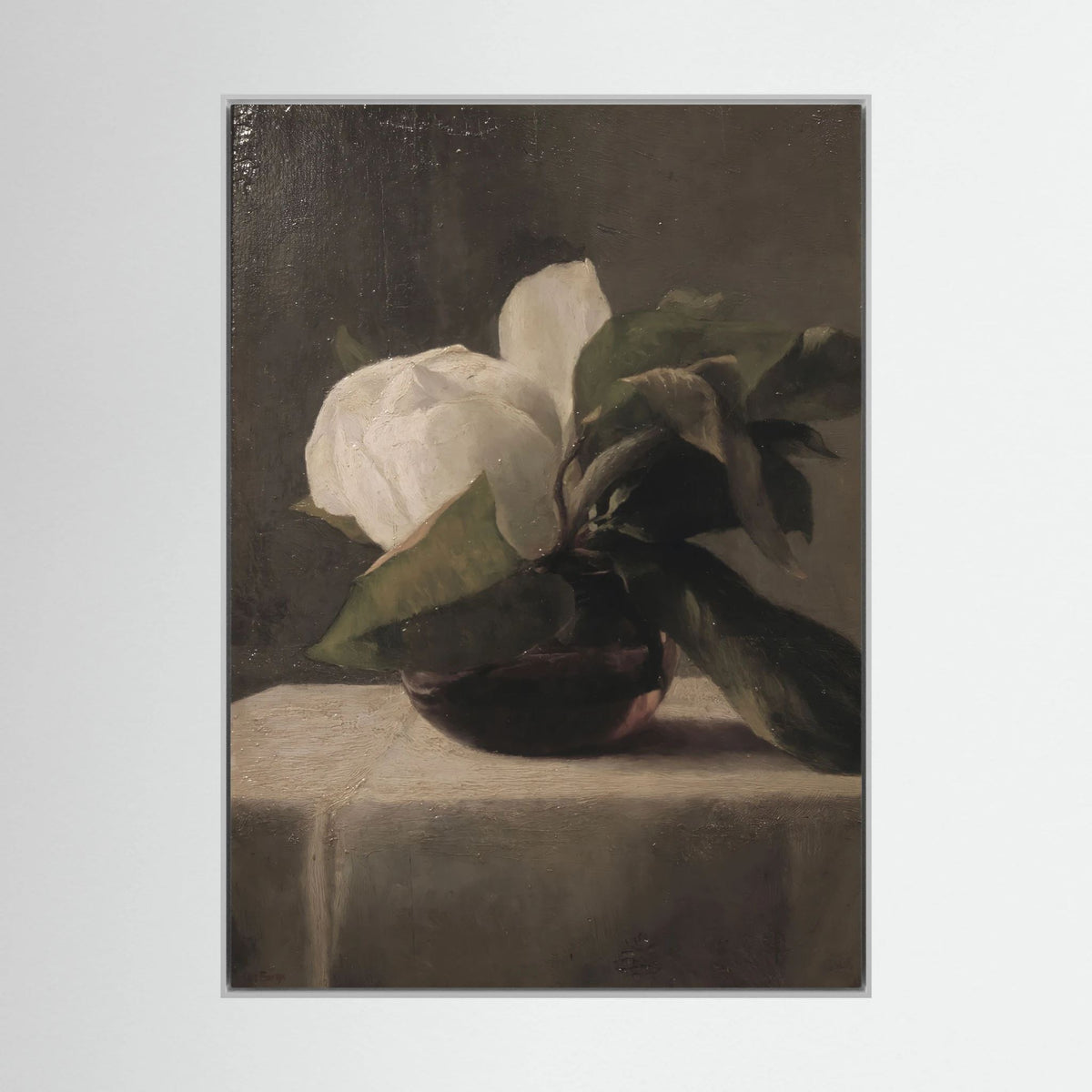 Vintage White Floral Canvas Wall Art | Moody Botanical Still Life Painting