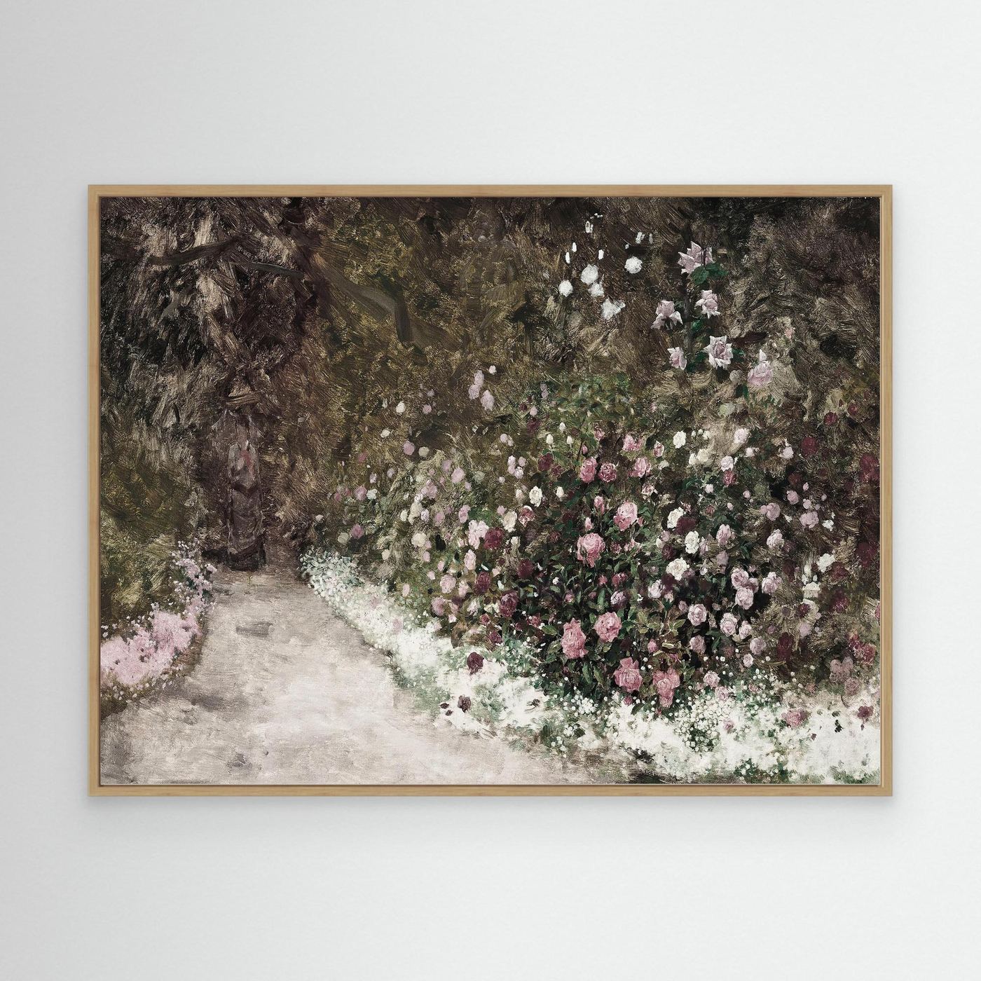 Garden Path Landscape Canvas | Soft Neutral Floral Wall Art Oak