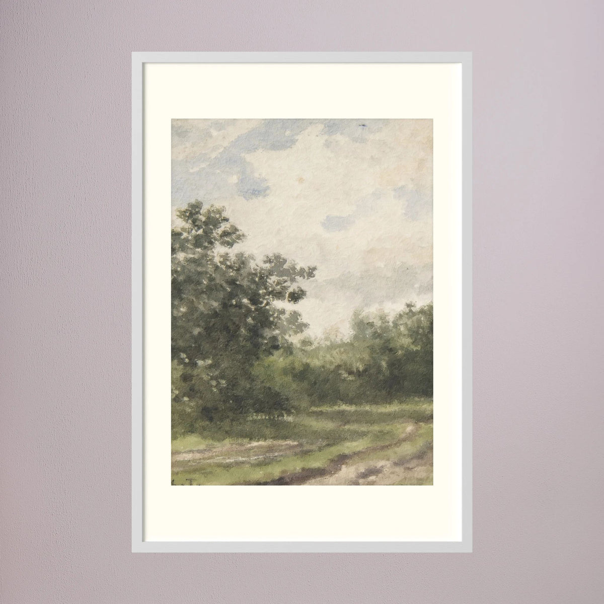 Misty Country Landscape Vintage Wall Art Print White Wood Freja