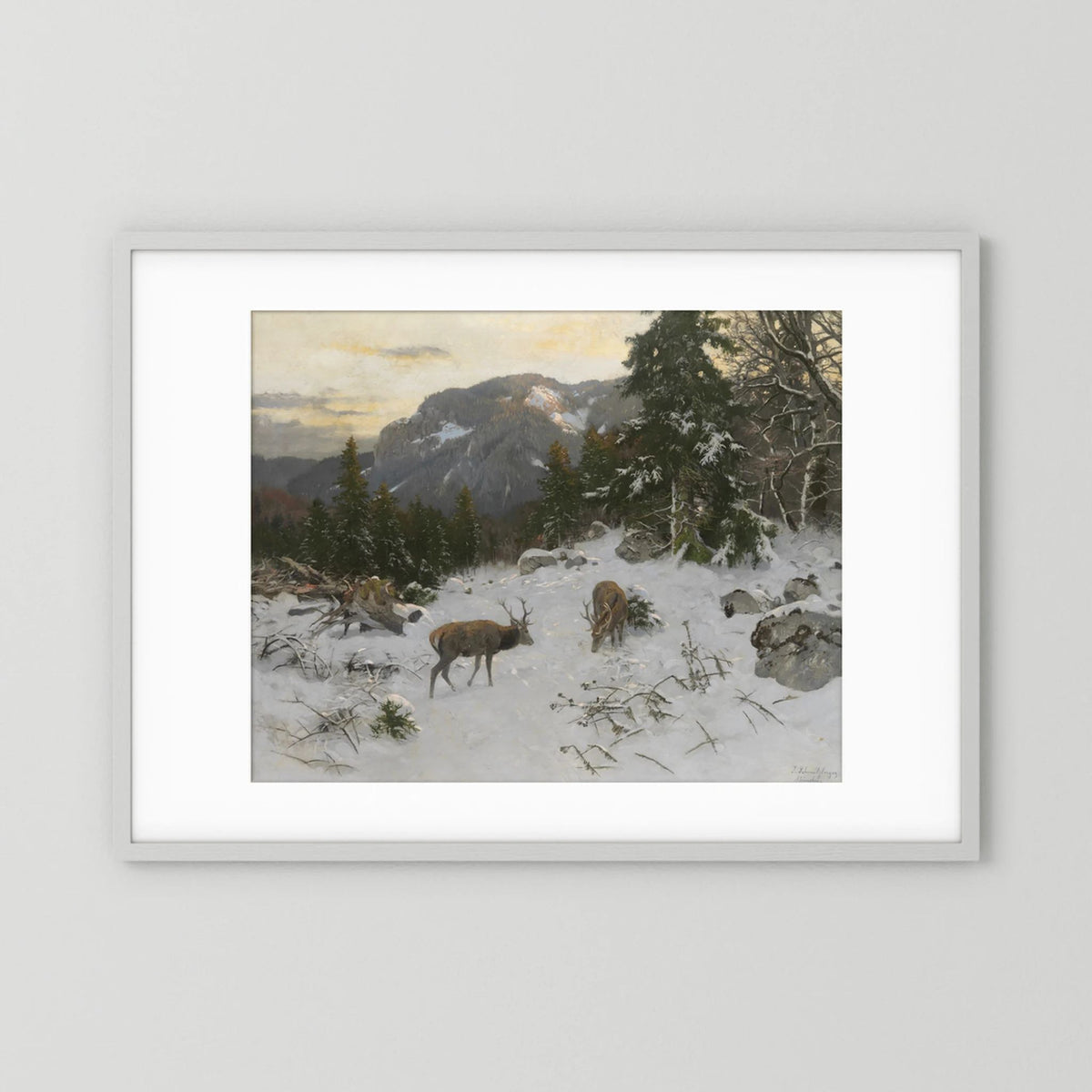 Vintage Deer in Snowy Mountains Art Print