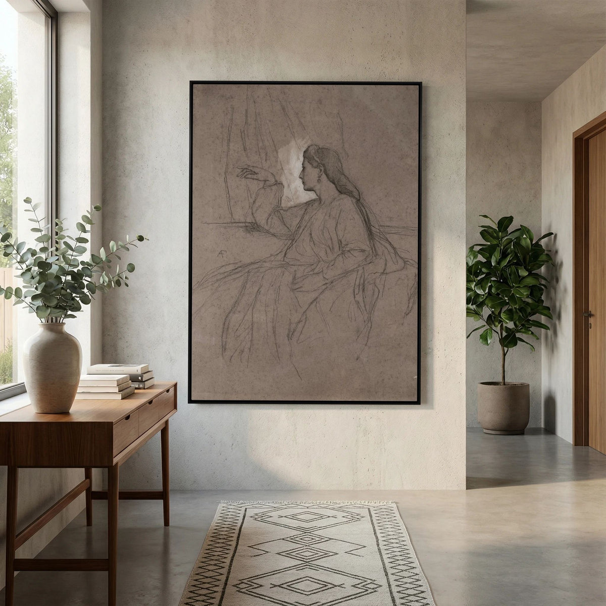 Vintage Woman Figure Sketch Canvas Wall Art | Neutral Figurative Drawing