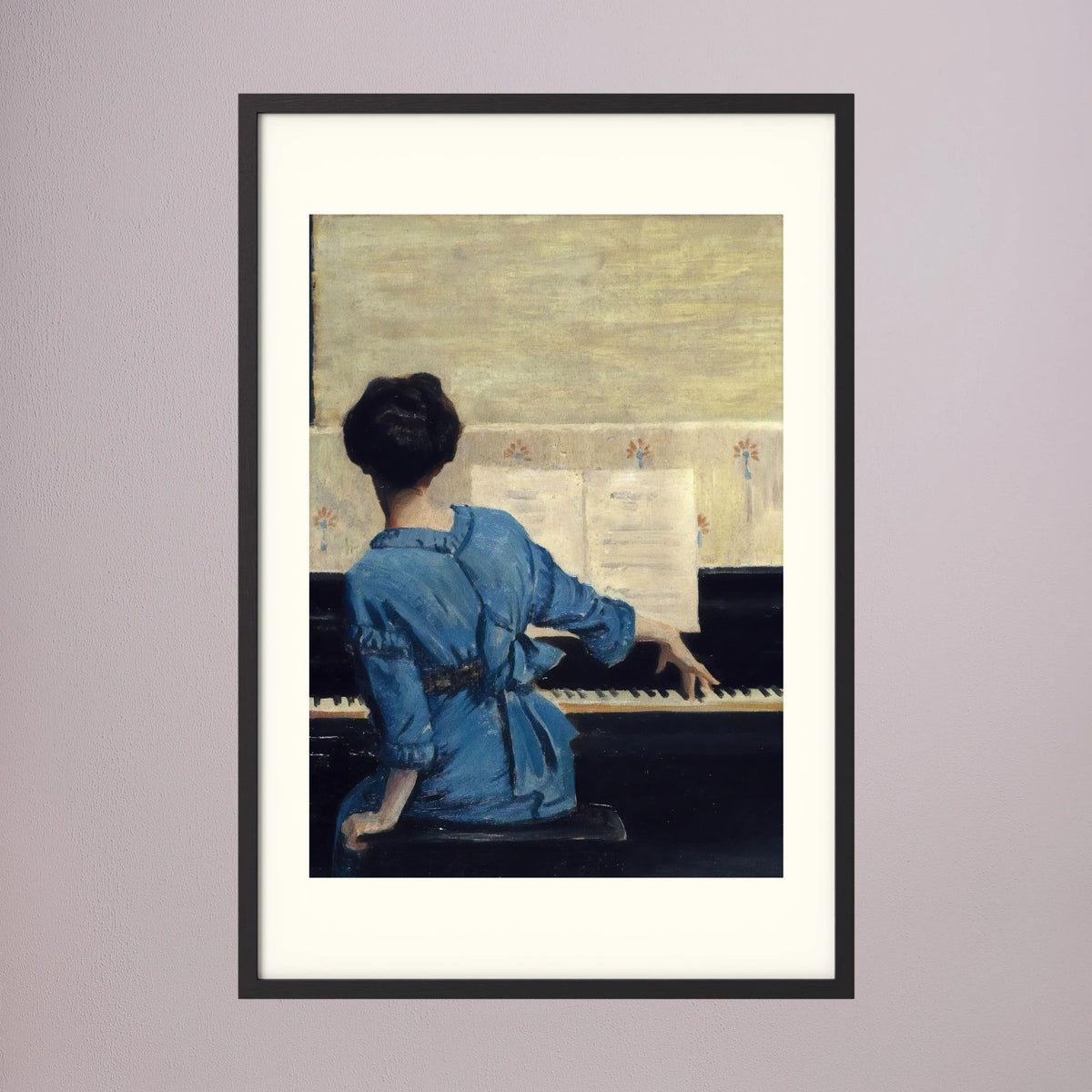 Woman in Blue at the Piano Vintage Wall Art Print Black Wood Freja