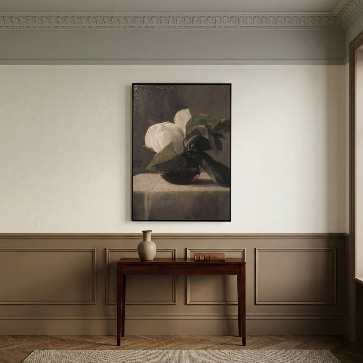 Vintage White Floral Canvas Wall Art | Moody Botanical Still Life Painting