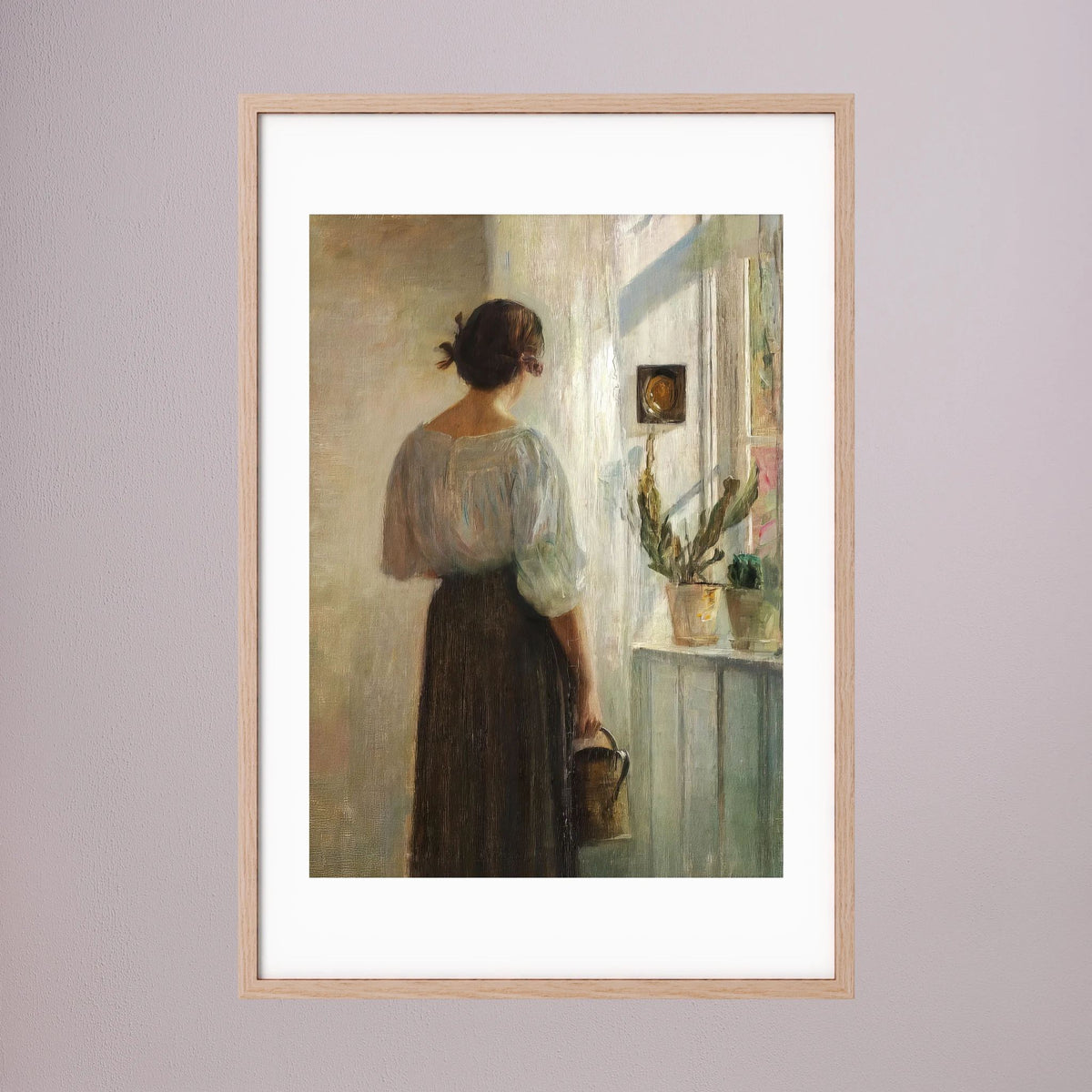 Woman at the Window Vintage Wall Art Print Oak Nature White
