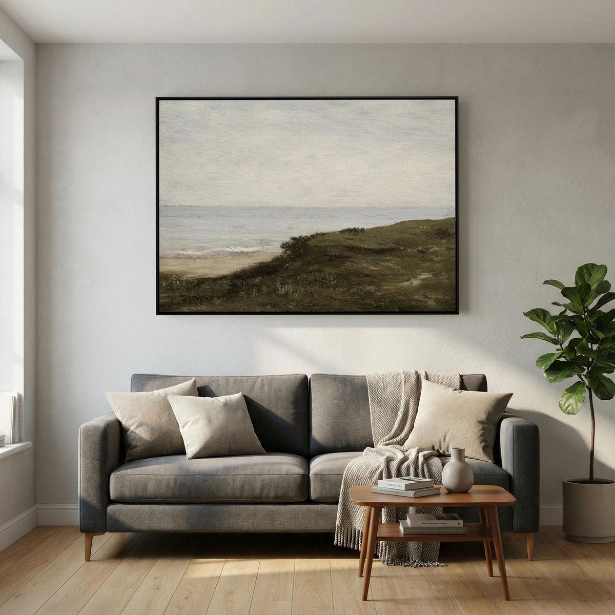 Neutral Coastal Landscape Canvas Wall Art | Vintage Seaside Nature Painting