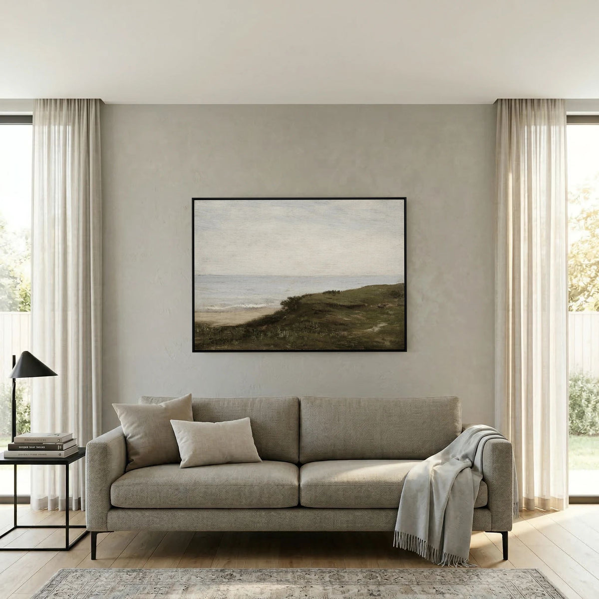 Neutral Coastal Landscape Canvas Wall Art | Vintage Seaside Nature Painting