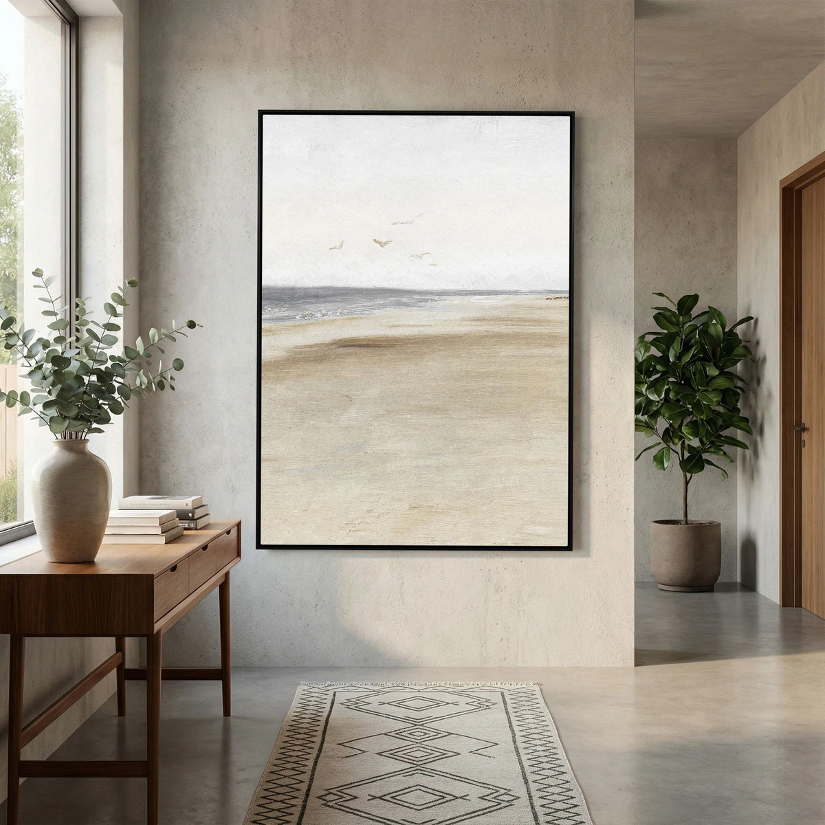 Neutral Coastal Landscape Canvas Wall Art | Serene Beach &amp; Ocean Painting