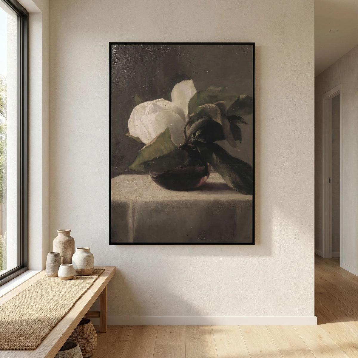Vintage White Floral Canvas Wall Art | Moody Botanical Still Life Painting
