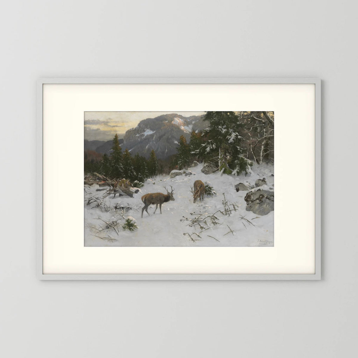 Vintage Deer in Snowy Mountains Art Print