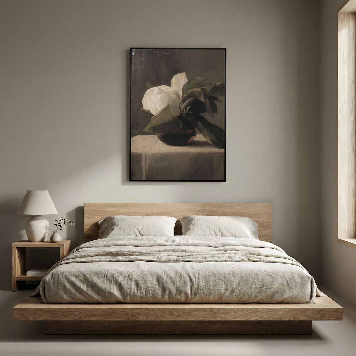 Vintage White Floral Canvas Wall Art | Moody Botanical Still Life Painting