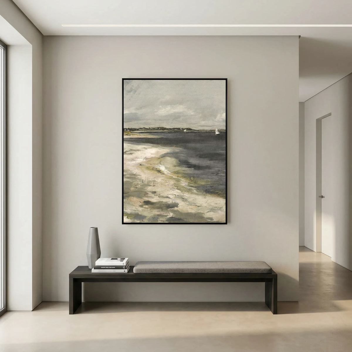 Moody Coastal Landscape Canvas Wall Art | Vintage Seaside &amp; Sailboat Painting