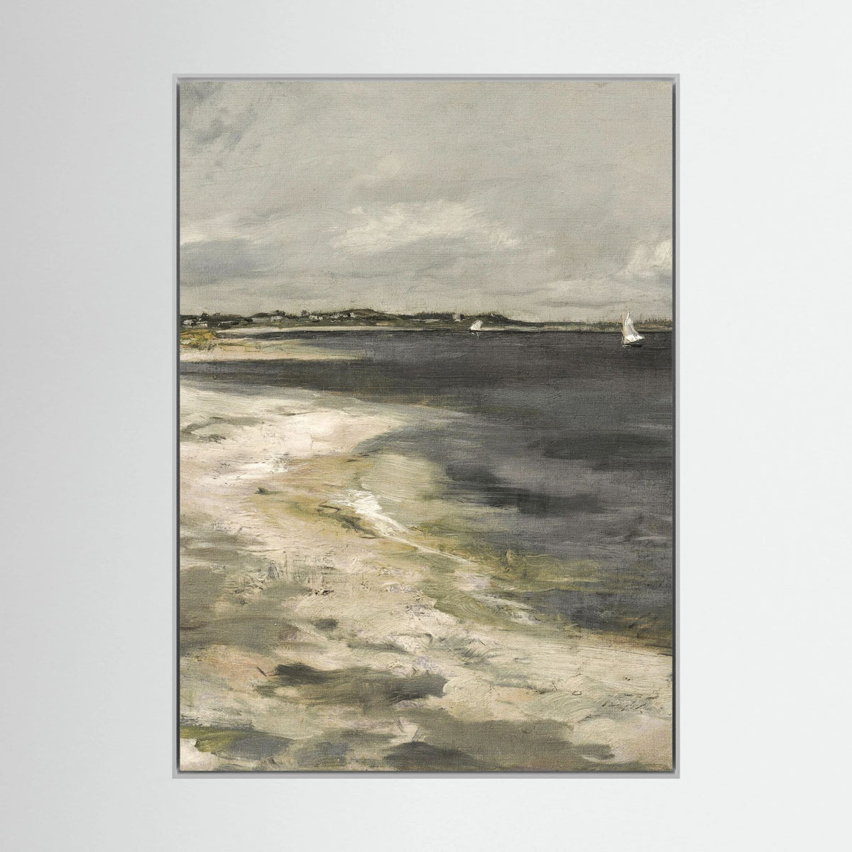 Moody Coastal Landscape Canvas Wall Art | Vintage Seaside &amp; Sailboat Painting