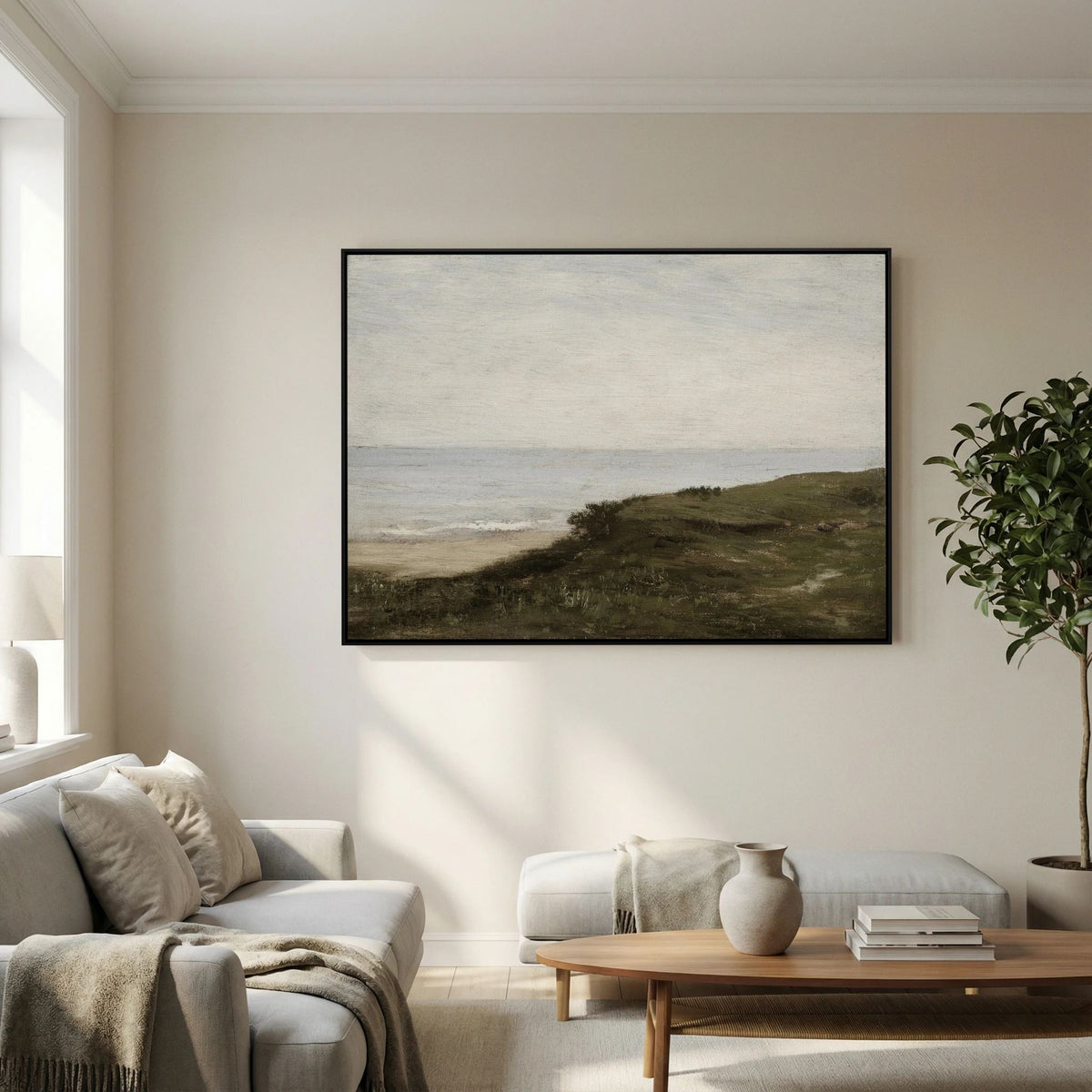 Neutral Coastal Landscape Canvas Wall Art | Vintage Seaside Nature Painting