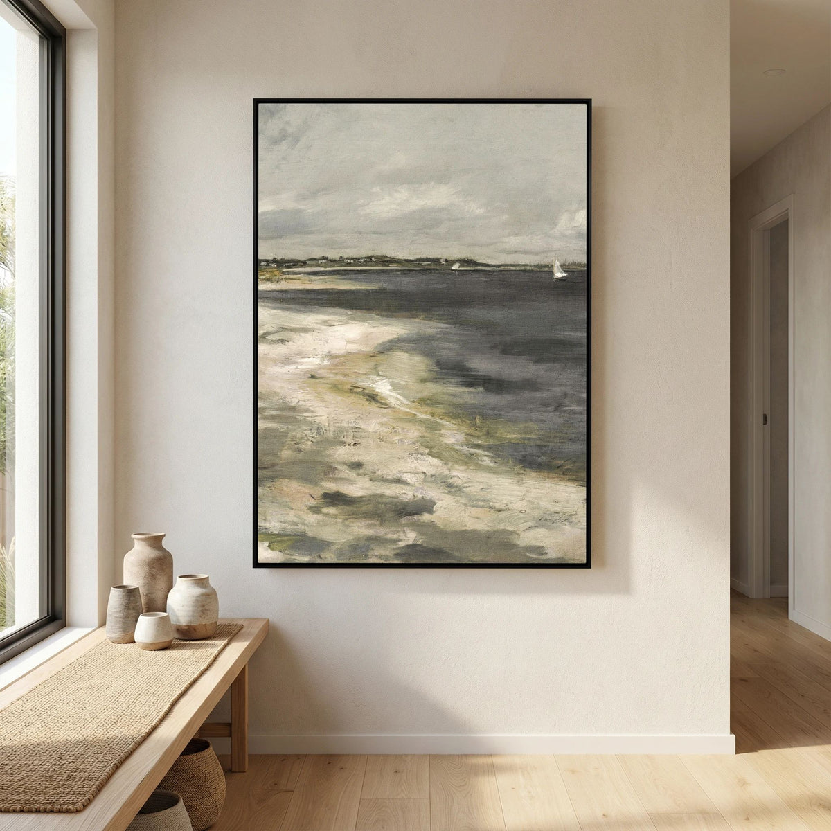 Moody Coastal Landscape Canvas Wall Art | Vintage Seaside &amp; Sailboat Painting
