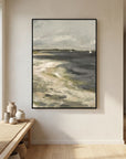 Moody Coastal Landscape Canvas Wall Art | Vintage Seaside & Sailboat Painting