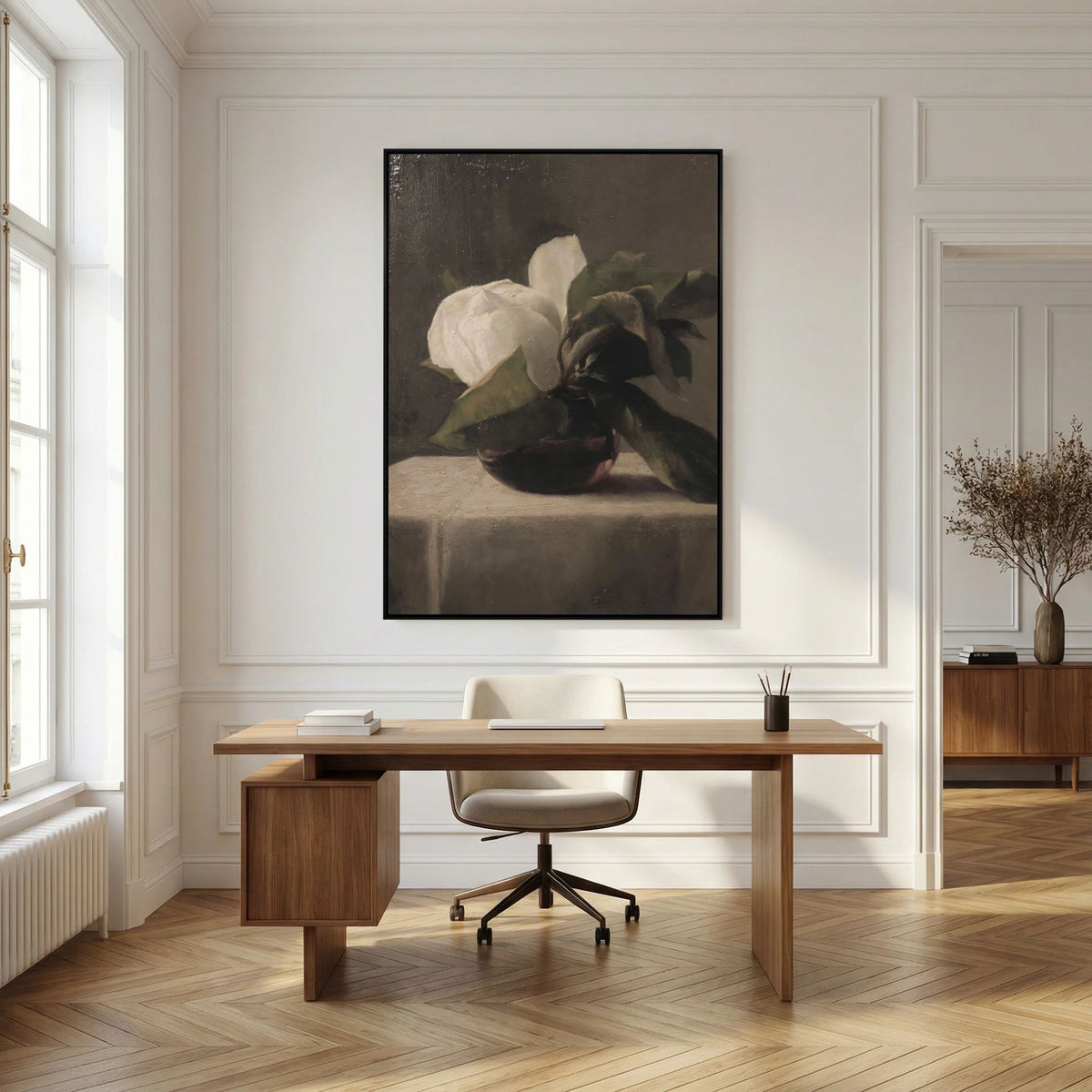 Vintage White Floral Canvas Wall Art | Moody Botanical Still Life Painting