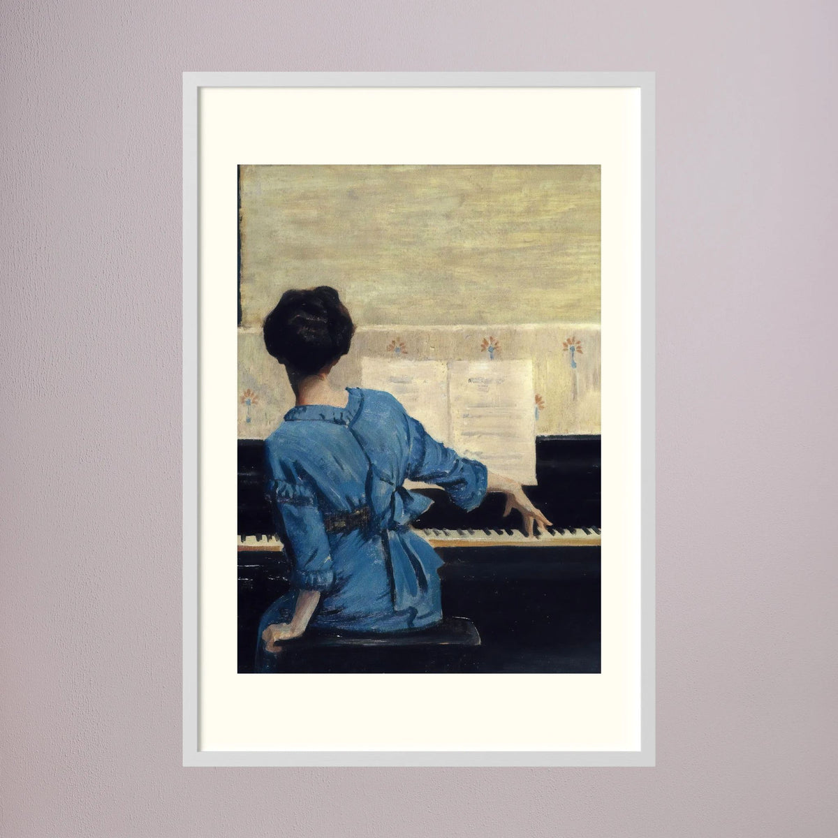 Woman in Blue at the Piano Vintage Wall Art Print White Wood Freja