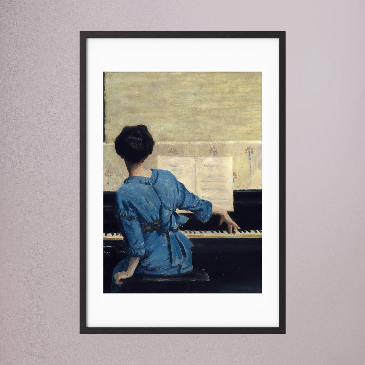 Woman in Blue at the Piano Vintage Wall Art Print Black Wood White