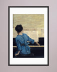 Woman in Blue at the Piano Vintage Wall Art Print Black Wood White