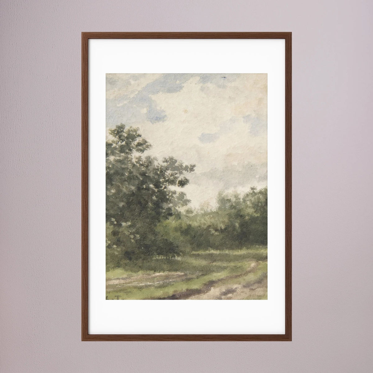 Misty Country Landscape Vintage Wall Art Print Oak Dark White
