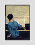 Woman in Blue at the Piano Vintage Wall Art Print Black Wood No border