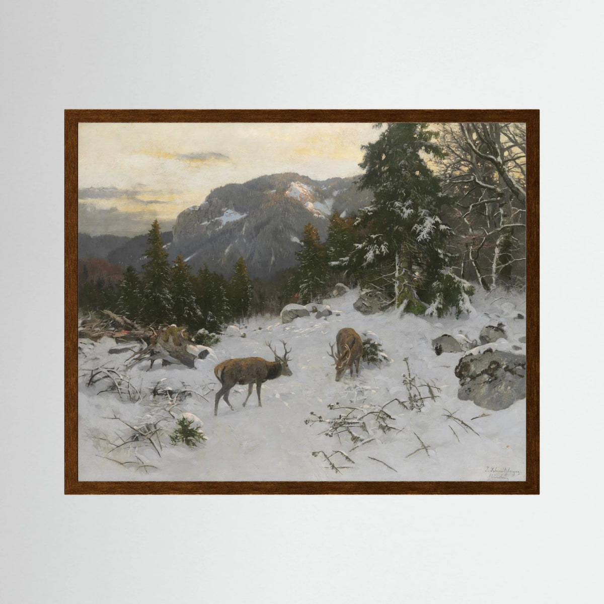 Vintage Deer in Snowy Mountains Art Print