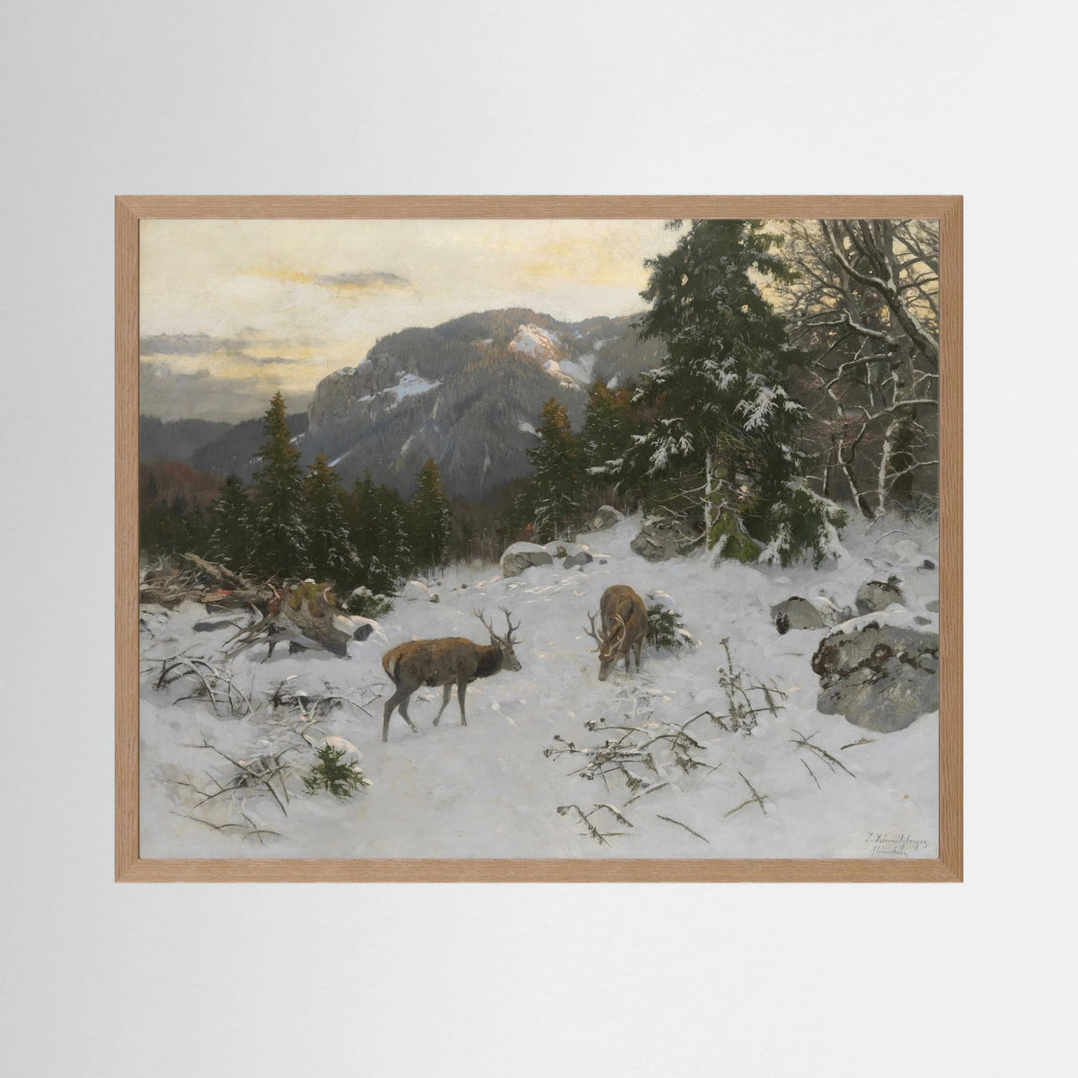 Vintage Deer in Snowy Mountains Art Print