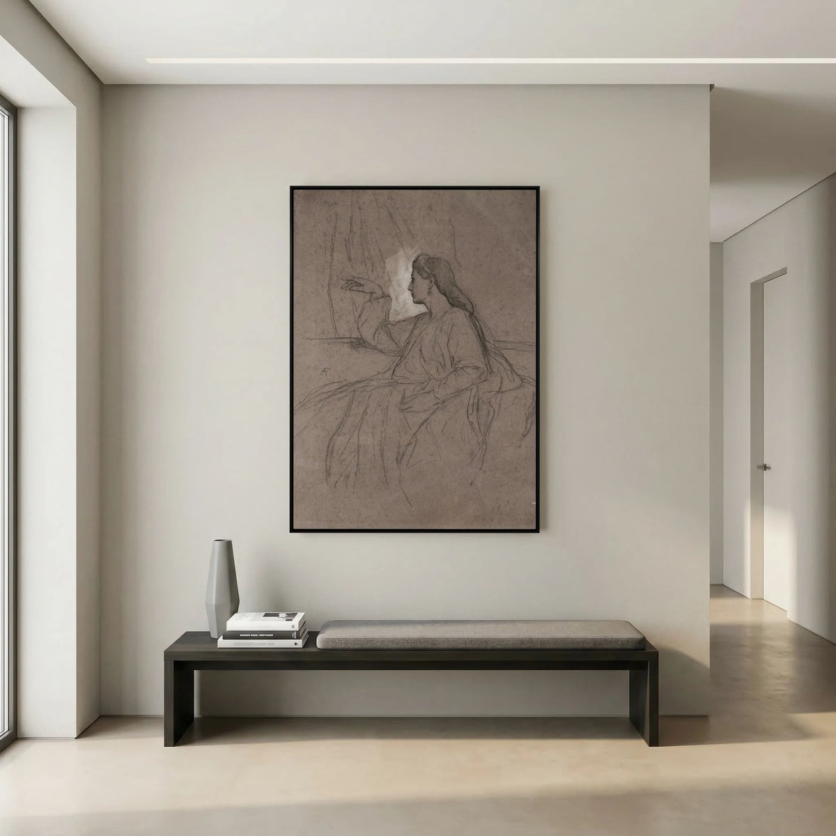 Vintage Woman Figure Sketch Canvas Wall Art | Neutral Figurative Drawing