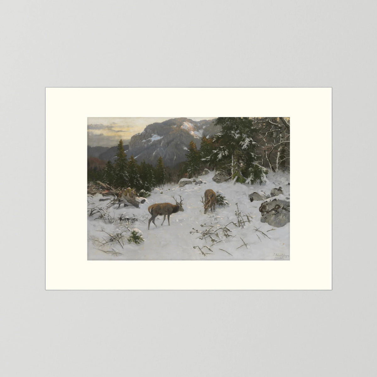 Vintage Deer in Snowy Mountains Art Print