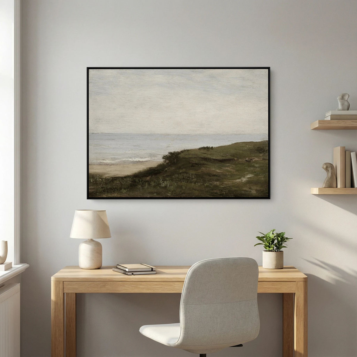 Neutral Coastal Landscape Canvas Wall Art | Vintage Seaside Nature Painting