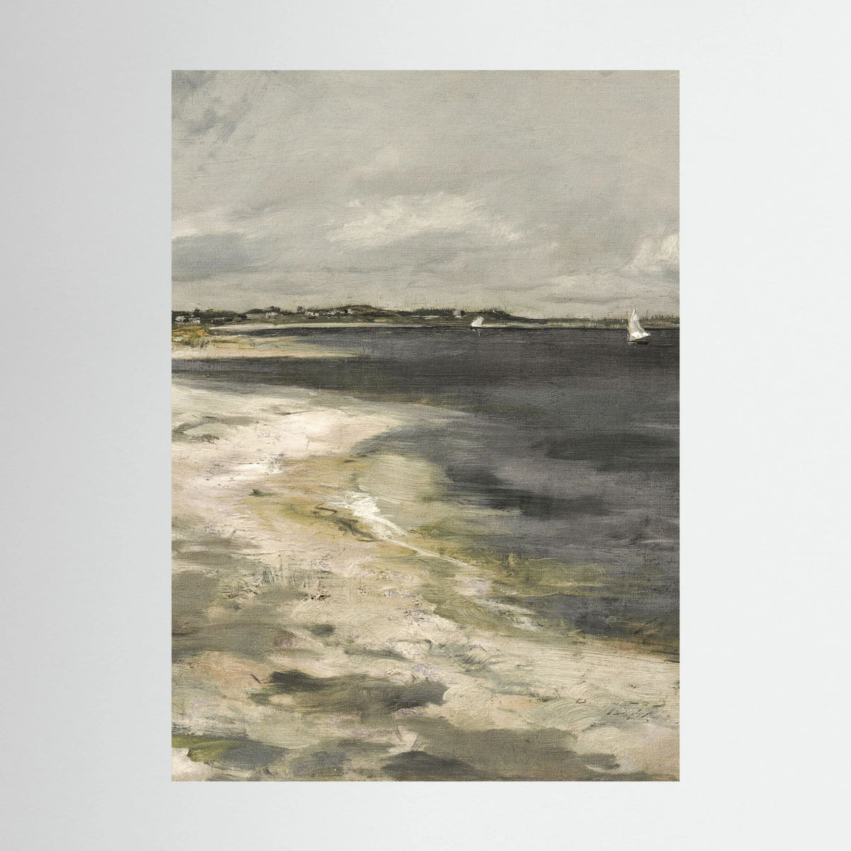 Moody Coastal Landscape Canvas Wall Art | Vintage Seaside &amp; Sailboat Painting