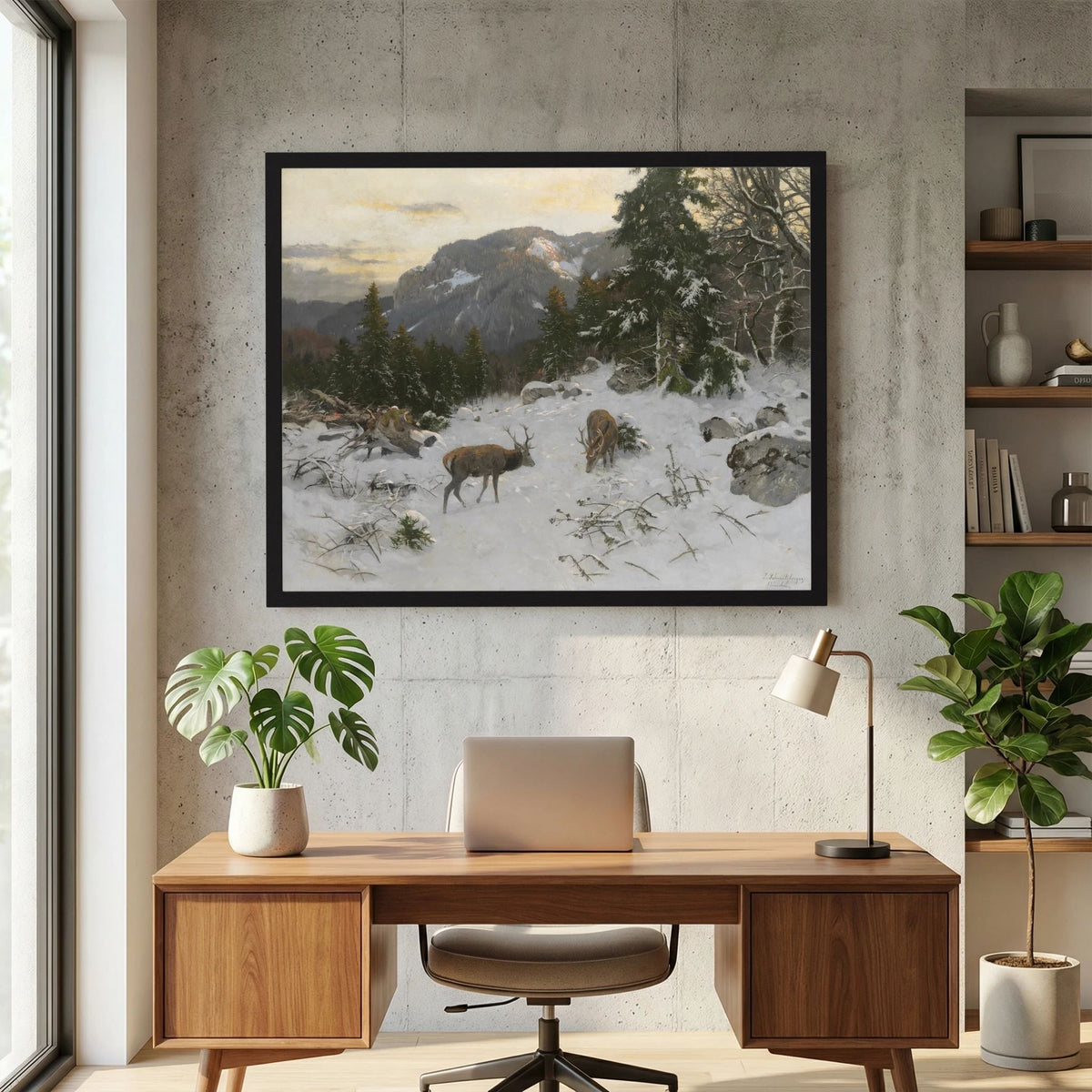 Vintage Deer in Snowy Mountains Art Print