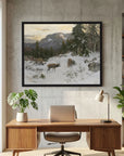 Vintage Deer in Snowy Mountains Art Print