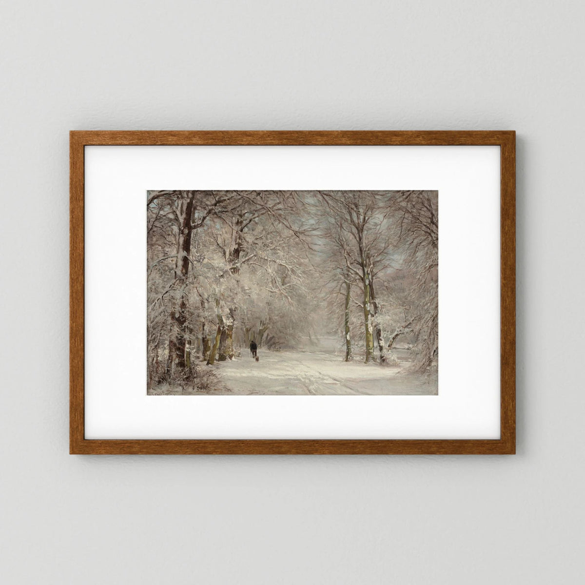 Vintage Snowy Woodland Art Print Oak Dark White