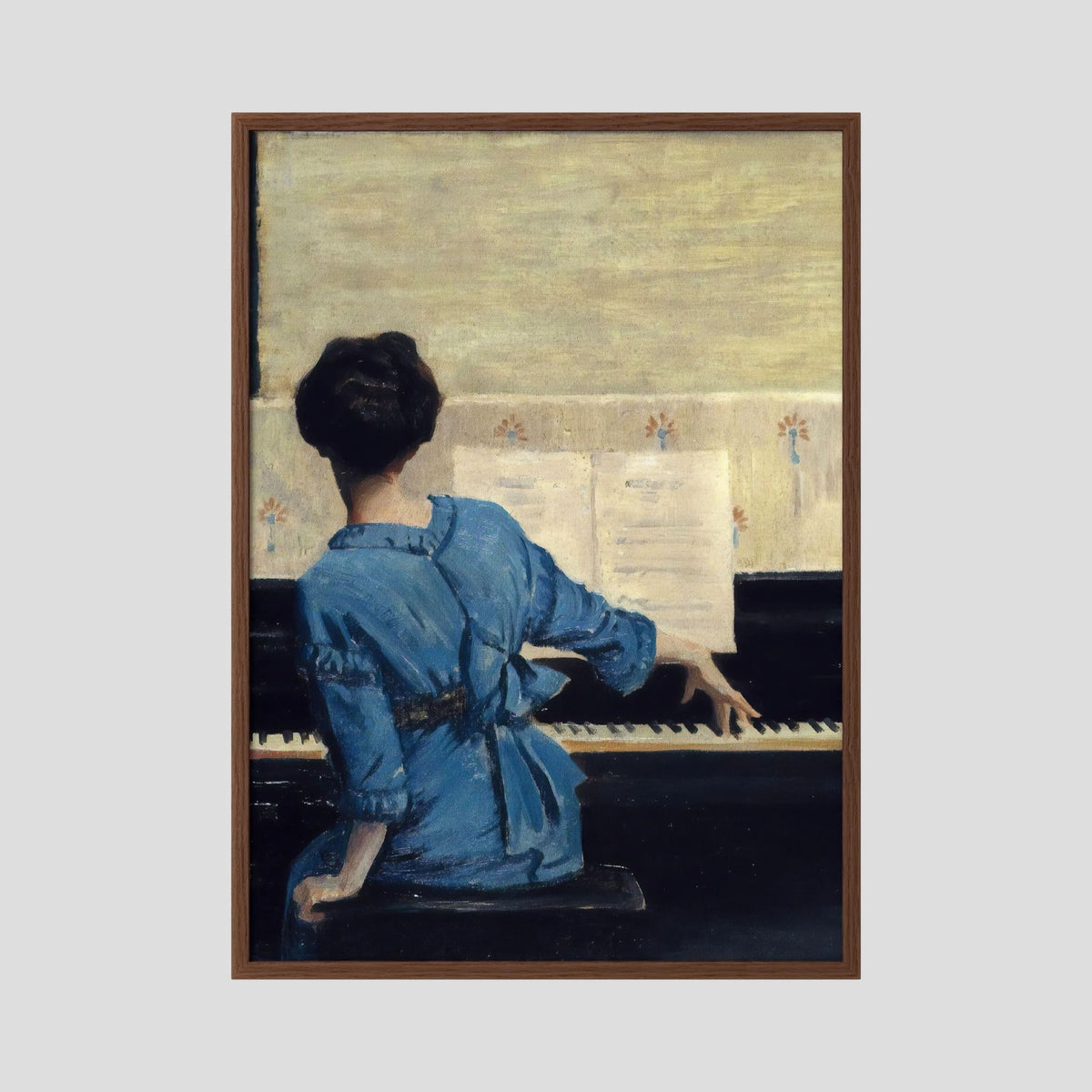 Woman in Blue at the Piano Vintage Wall Art Print Oak Dark No border