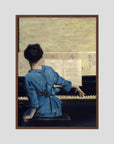Woman in Blue at the Piano Vintage Wall Art Print Oak Dark No border