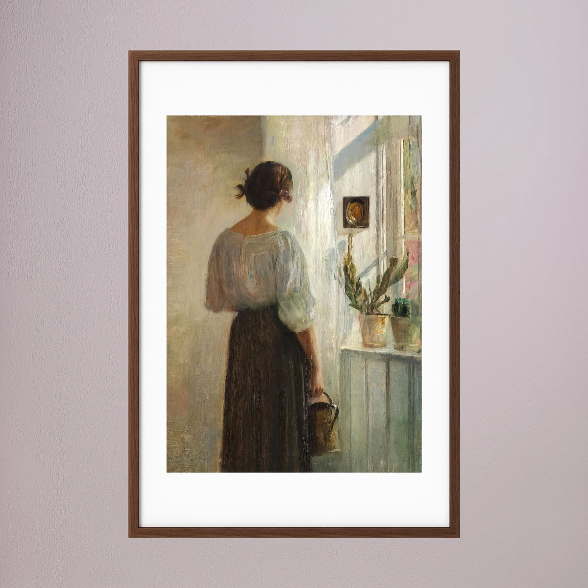 Woman at the Window Vintage Wall Art Print Oak Dark White